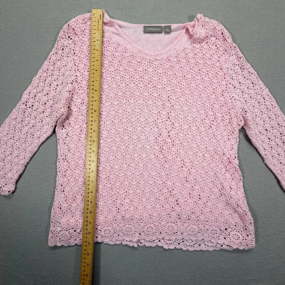 Croft‎ & Barrow Crochet Sweater Women L Good Pink V-Neck 3/4 Sleeve Knit Top